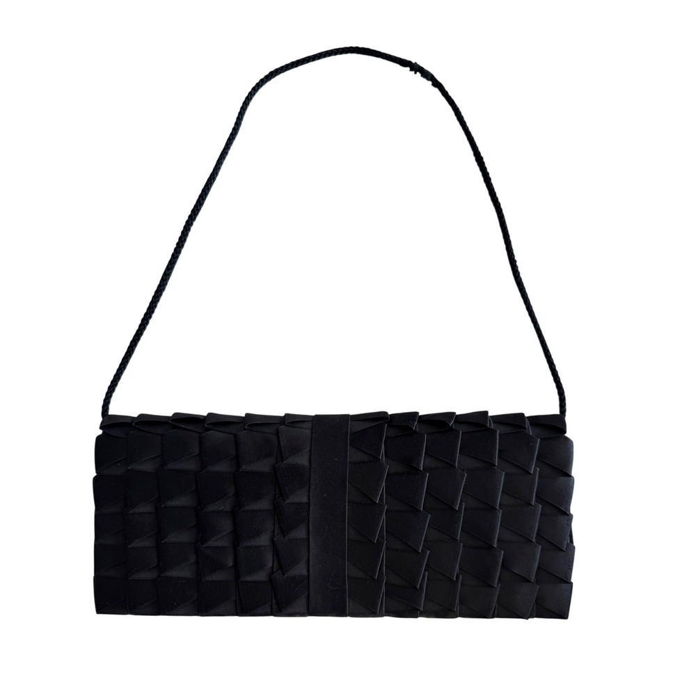 Vintage Jessica McClintock Evening Bag Black Satin Pleated Shoulder Purse Clutch